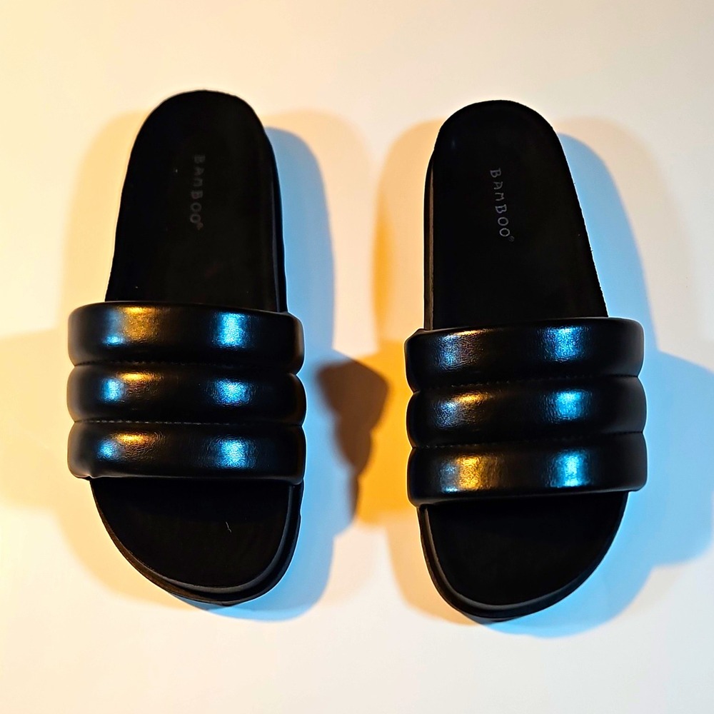 Bamboo Black Padded Quilted Puffer Slide Sandals Slip On Women's 8.5